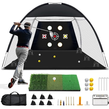 Golf Net 10x7 Ft Practice Hitting Golf Net with Tri-Turf Mat Ball Tee and Carring Bag All-in-One Multi-Target Training Aid for Outdoor/Indoor Chipping & Driving Ideal Gift for Men/Enthusiasts