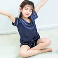 thumbnail image 7 of Tween Satin Pajamas Kids Solid Printed Button Down Tops With Shorts 2PCS Summer Classic Loungewear Silk Pjs For Girls 9-11, 7 of 7