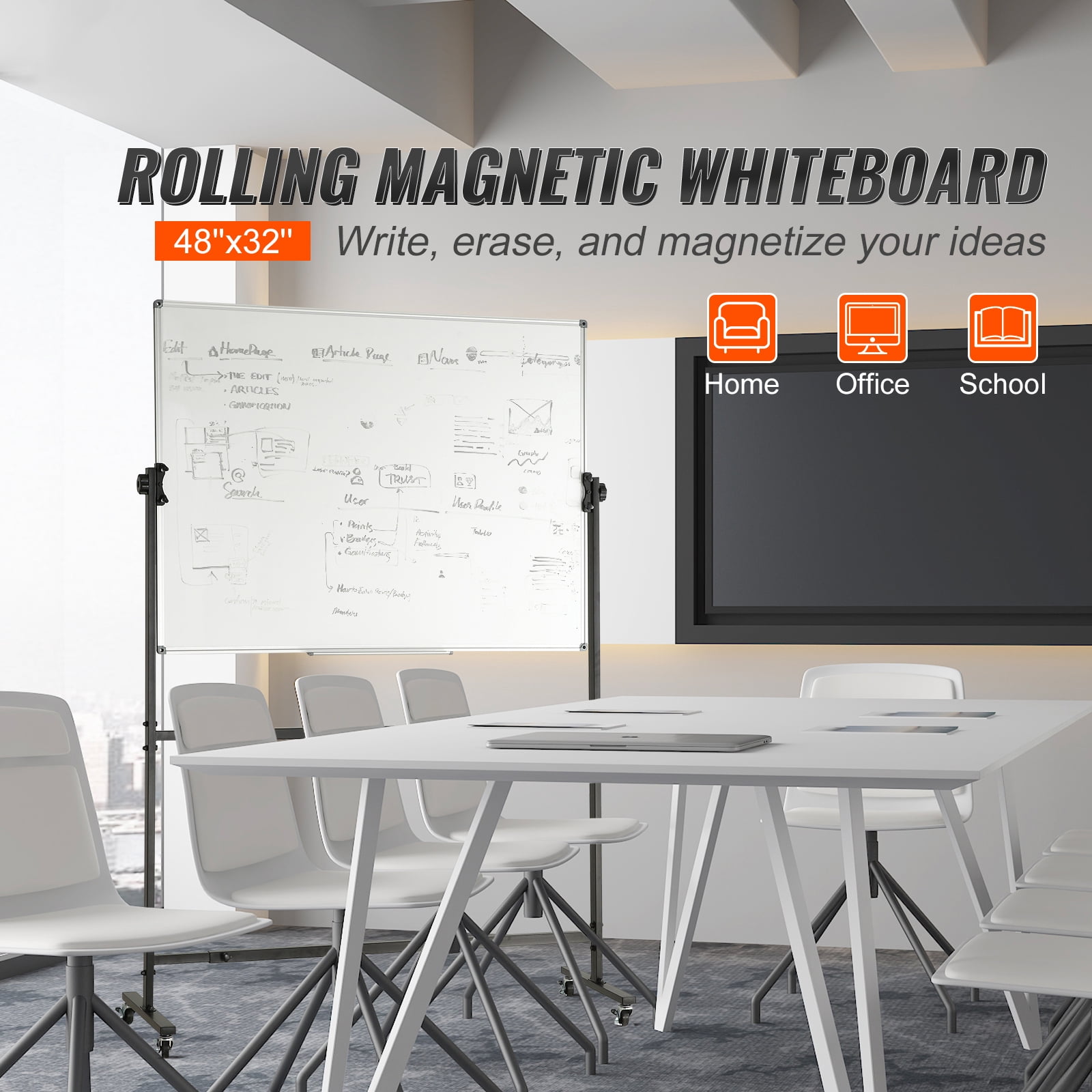 KFFKFF Mobile Whiteboard, 48x32 inch Dual-Sided Magnetic Rolling Whiteboard, 360° Rotatable Adjustable Height Dry Erase Board with Casters & Portable Tray for Educational Institutions and Workplaces