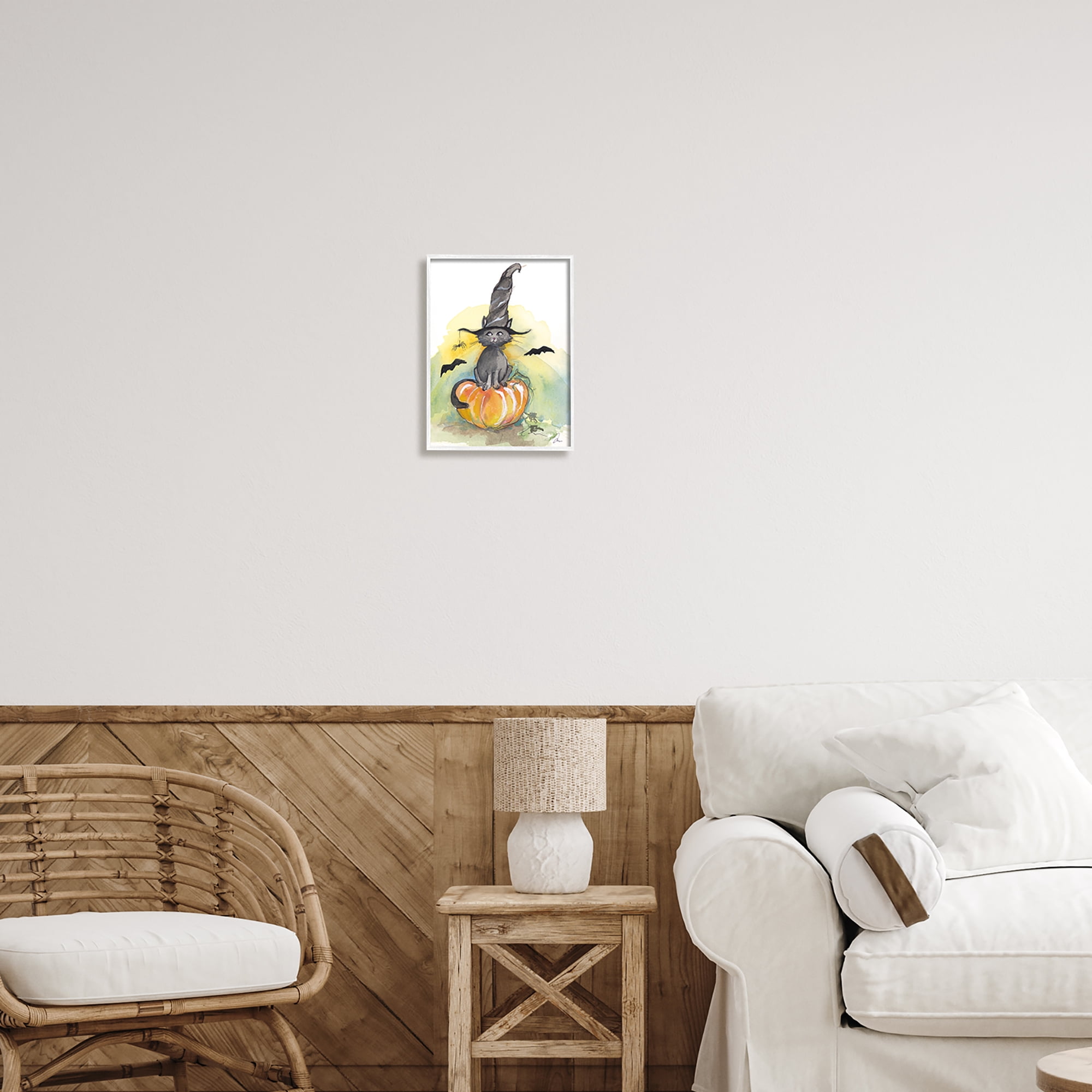 Stupell Industries Witch Cat on Pumpkin Holiday Painting White Framed Art Print Wall Art, 11 x 14