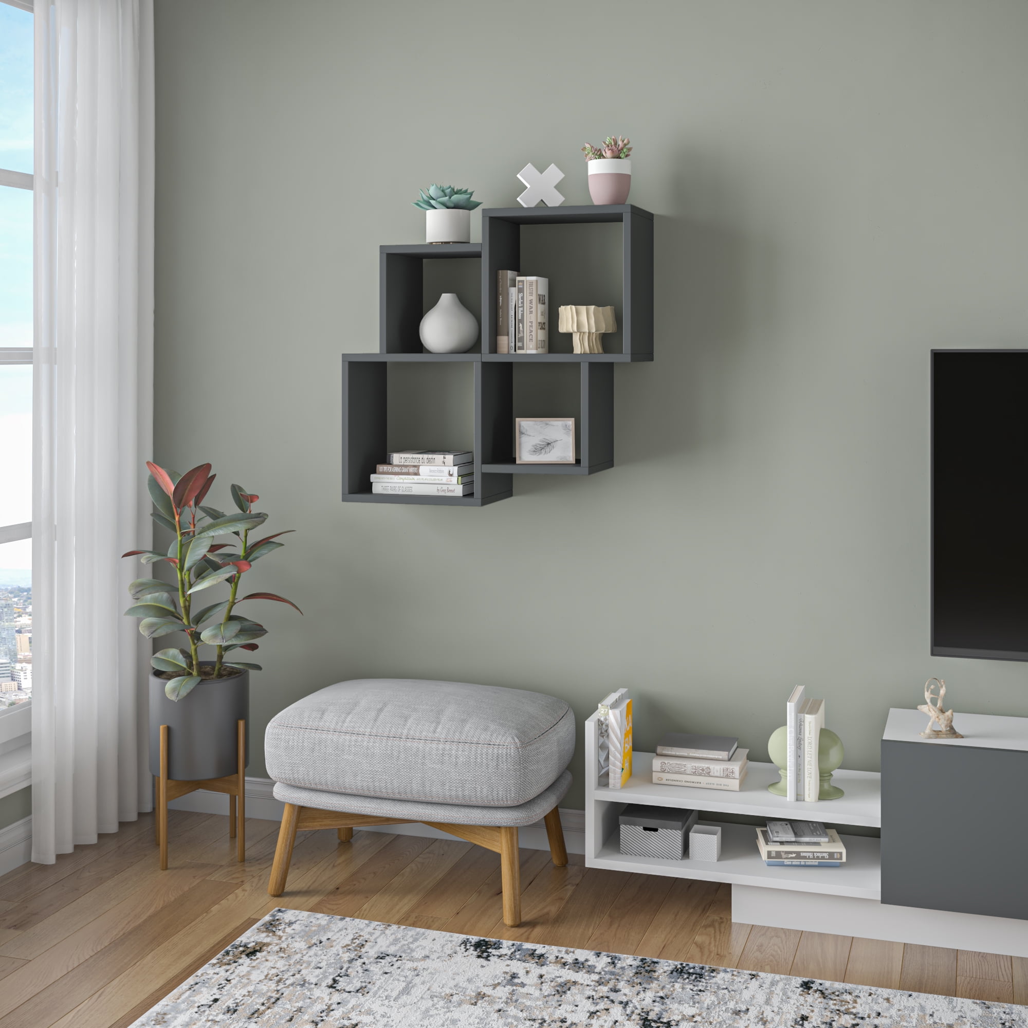 Ada Home Decor Furniture 39.37" 2 Tier Anthracite Watkins Modern Wall Shelf
