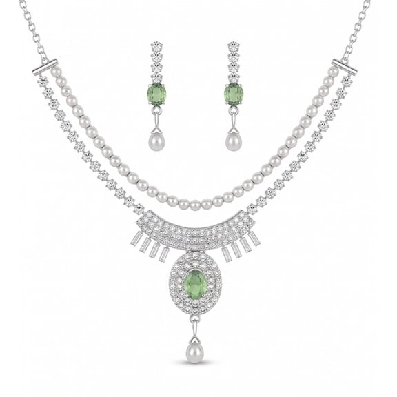 AlKhalil - Elegant Pearl & Green Gems Necklace and Earrings Set for Women