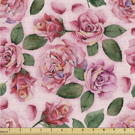 Ambesonne Rose Print Fabric by the Yard Upholstery, Romantic Blooms Print, 3 Yards, Jade Green Pastel Pink