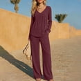 thumbnail image 6 of Cagogo Women's 2 Piece Outfit V Neck Long Sleeve Pullover Tops Wide Leg Pants Casual Set Solid Basic Lounge Sets Matching Tracksuits Travel Airport Clothes, Wine L, 6 of 8