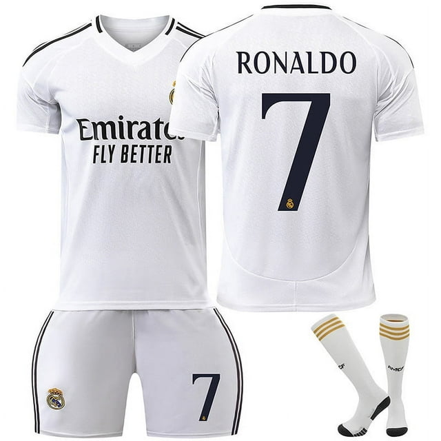 2425 Camiseta del Real Madrid, traje de uniforme de fútbol local, traje de entrenamiento No. 7 Ronaldo, niños y adultos, camiseta transfronteriza de 9 MbappéNo.7 Cristiano Ronaldo+Calcetines