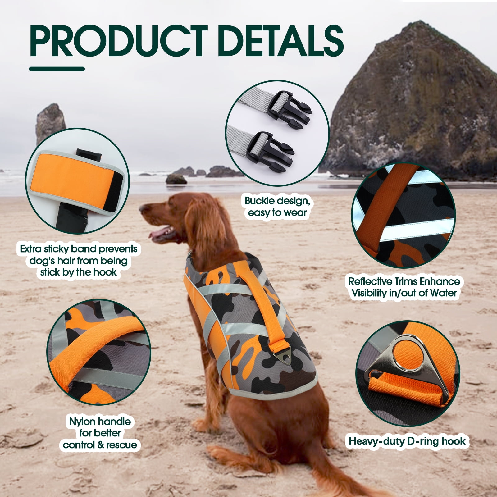 Kuoser Dog Life Jacket with Reflective Stripes, Adjustable Dog Life Vest, Orange, XS