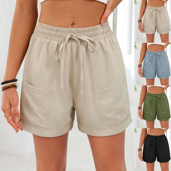CHGBMOK Womens Trendy Solid Casual Shorts Drawstring Elastic Waist Shorts Summer Comfy Loose Shorts with Pockets