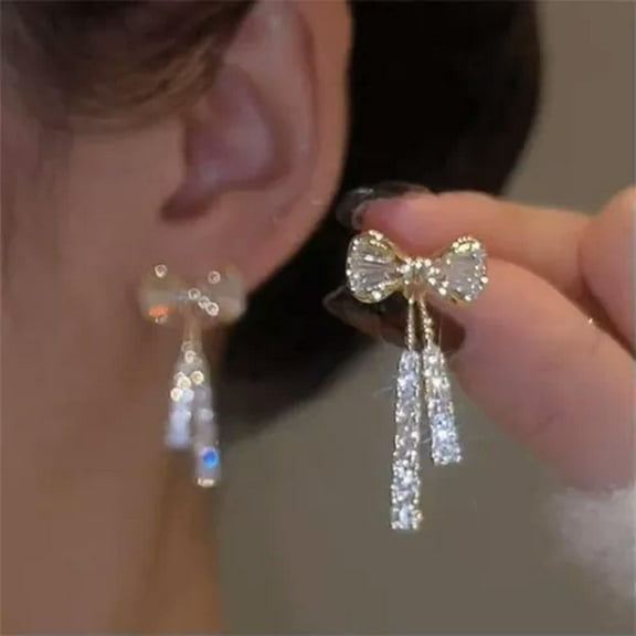 GKNET Korean Zircon Crystal Pearl Bowknot Tassel Earrings Drop Dangle Women Jewelry-1.Bowknot