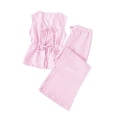 thumbnail image 2 of Women's Striped 2 Piece Set, V Neck Sleeveless Tie Vest Lightweight Striped Tie Front Wide Leg Pants Set Summer Wear Tie Front Tank Tops Wide Leg Pants Sets, Pink L, 2 of 8