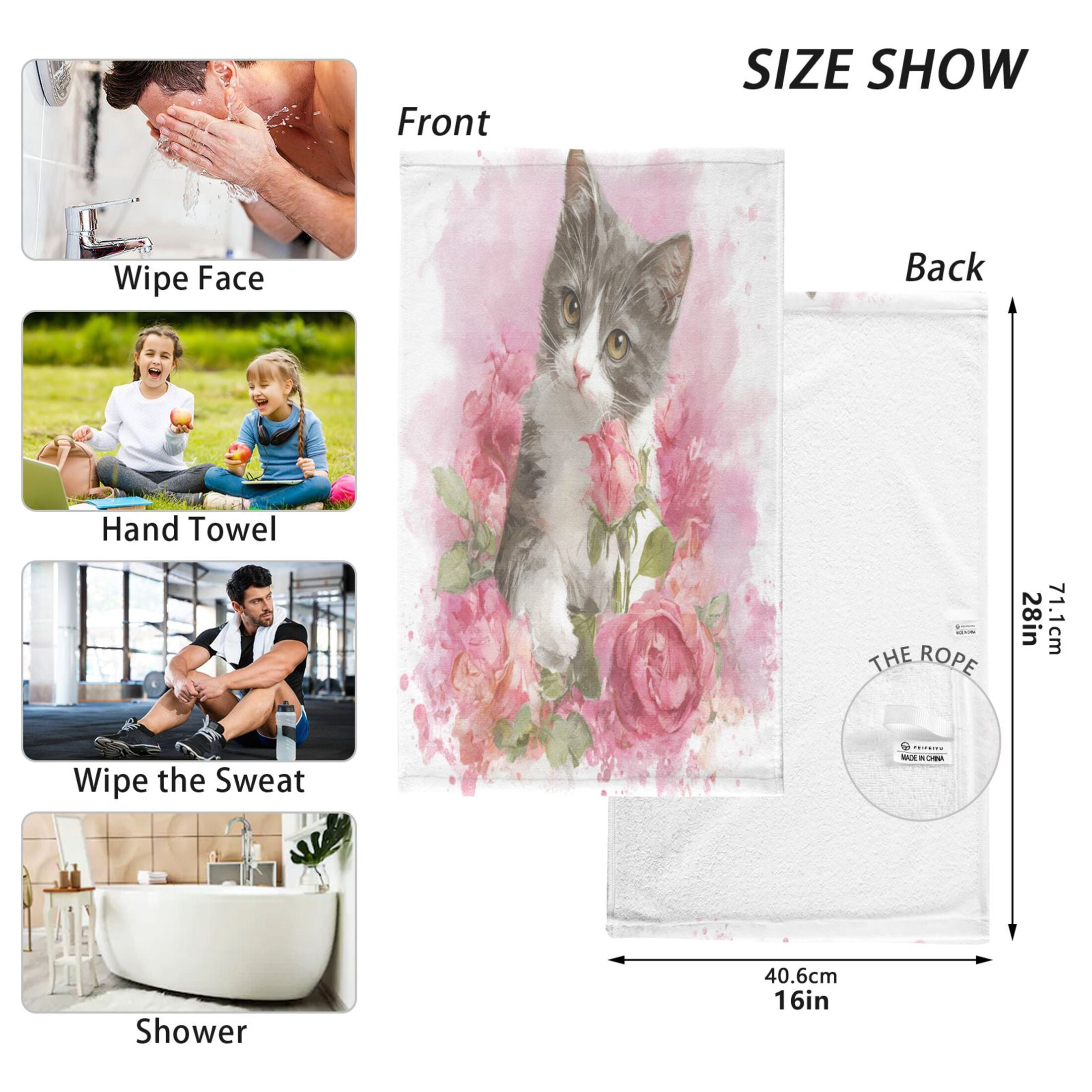 2 Pcs Hand Towels Sets A Gray-white Cat Cotton Towel Set Absorbent Face Towel for Bathroom Kitchen Shower Hotel Decor