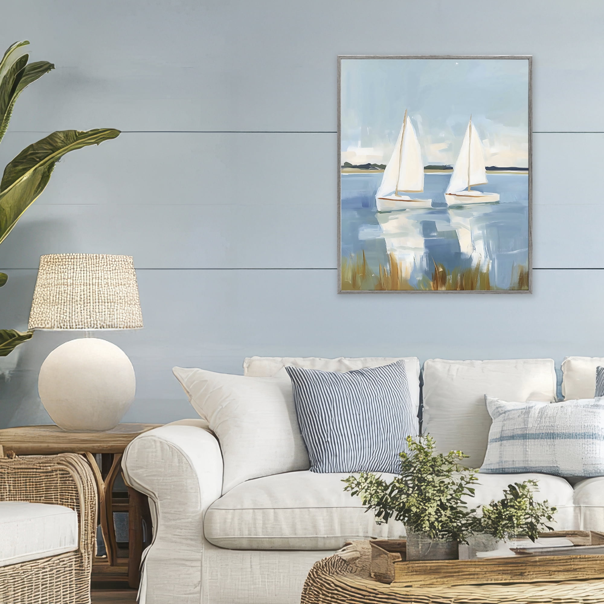 Stupell Industries Twin Sailboats By Shore Gray Framed Giclee Art, design by The Prints Vibe