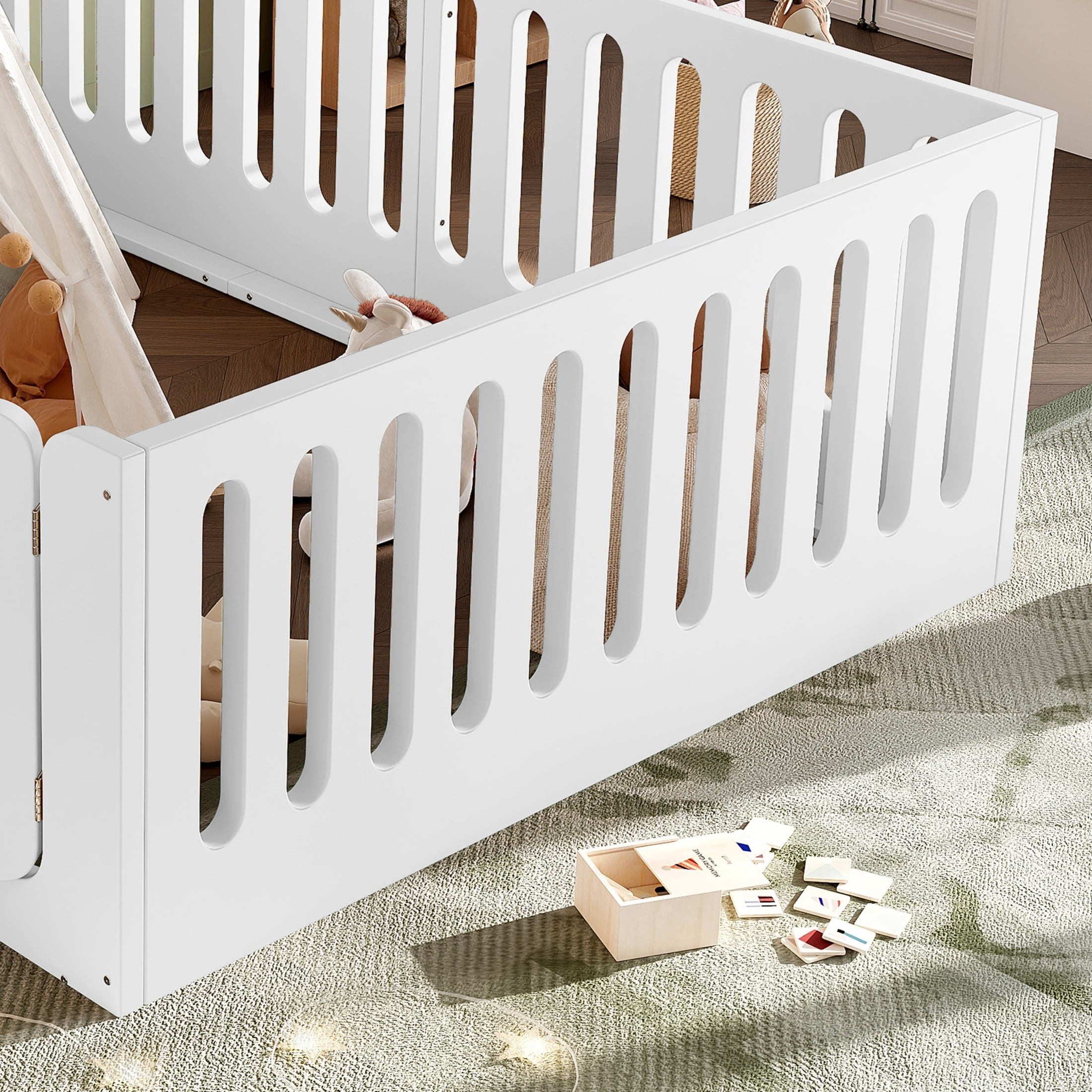 GDF Studio Queen Size Montessori Floor Bed with High Guardrails & Door, Low-Profile Design, White