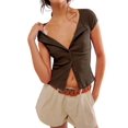 thumbnail image 3 of Women'S Short Sleeve Summer Tops Ribbed Knit Button Down Tight Tees Shirts Going Out Y2K Clothes Coffee Color S, 3 of 7