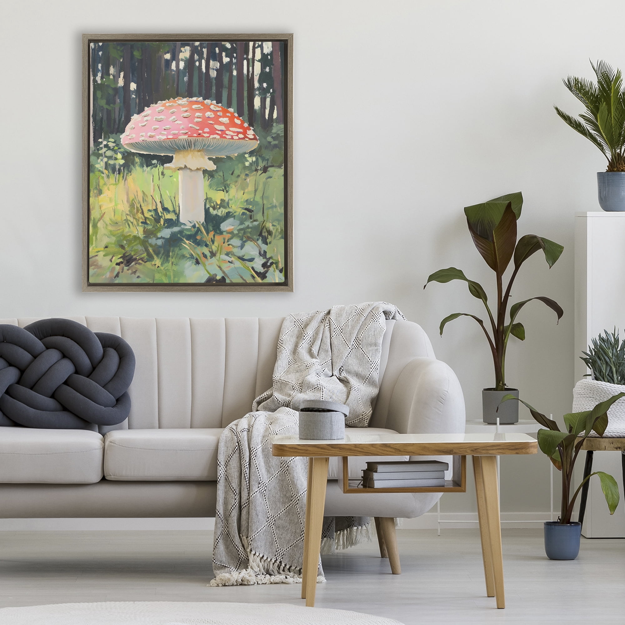 Stupell Industries Red Mushroom in Sunlit Forest Brown Framed Floater Canvas Wall Art, design by The Prints Vibe