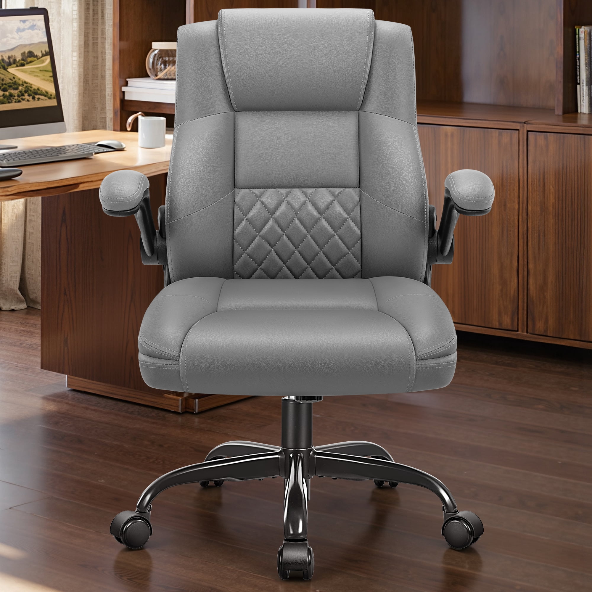 COOLHUT Office Chair, Executive Leather Chair Home Office Desk Chairs, Computer Chair with Adjustable Flip-up Padded Arms, Lumbar Support Swivel Desk Chair with Adjustable Hight and Tilt, Gray
