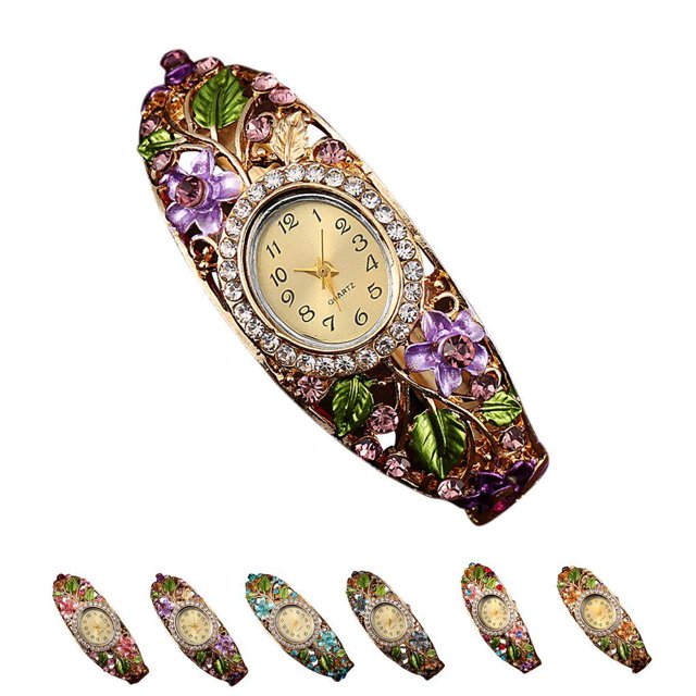 Décor de Strass Fleur Montre Bracelet pour Femme Montres à Quartz Quartz Ronde Ronde Montre Montres en Alliage en Forme Montres Fille Montre-Bracelet