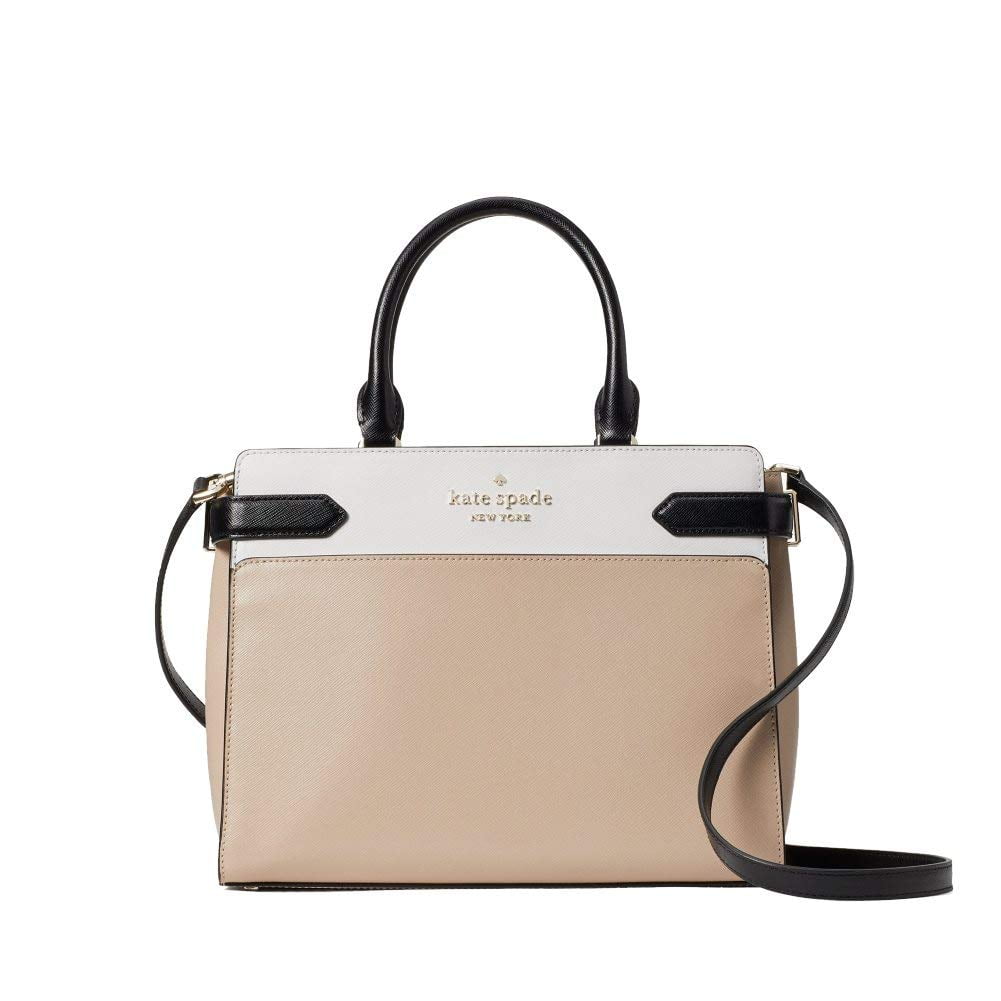 Kate Spade New York Staci Medium Saffiano Leather Satchel Purse in Warm Beige Black Walmart