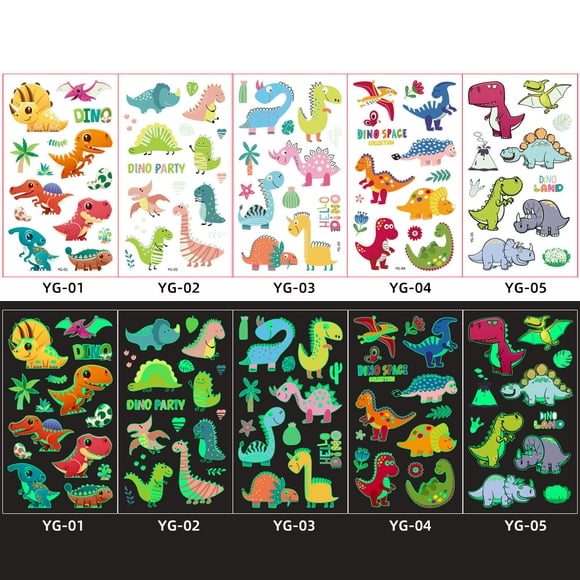 Glow Temporary Tattoos for Kids Waterproof Luminous Tattoo Sticker Glow Mixed Style Cartoon Tattoo, Unicorn Dinosaur Mermaid Animal Fake Tattoo Stickers Party Supplies（Dinosaur）