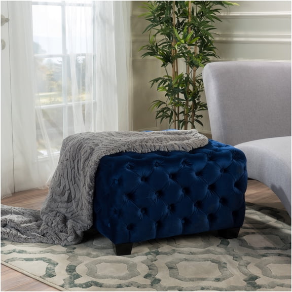 JERFIT Velvet Ottoman Navy Blue, 29" Square Tufted Footstool Pouf, Modern Glam Storage Bench for Living Room
