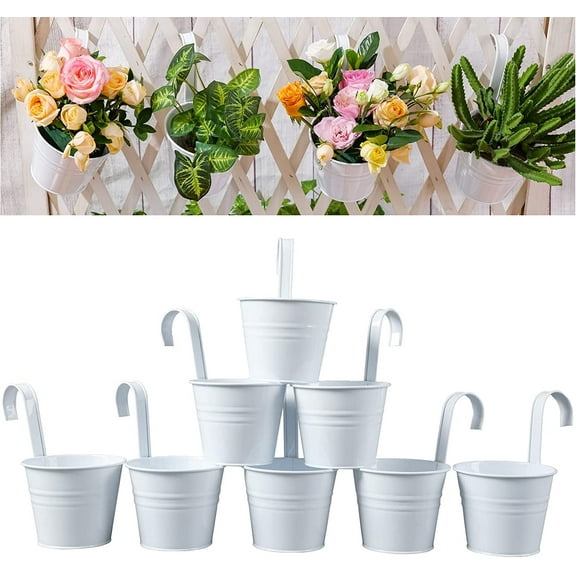Casewin 8 Pcs Flower Pots, Metal Iron Hanging Flower Pots Balcony Garden Plant Planter, Wall Hanging Metal Bucket Flower Holders Home Decoration