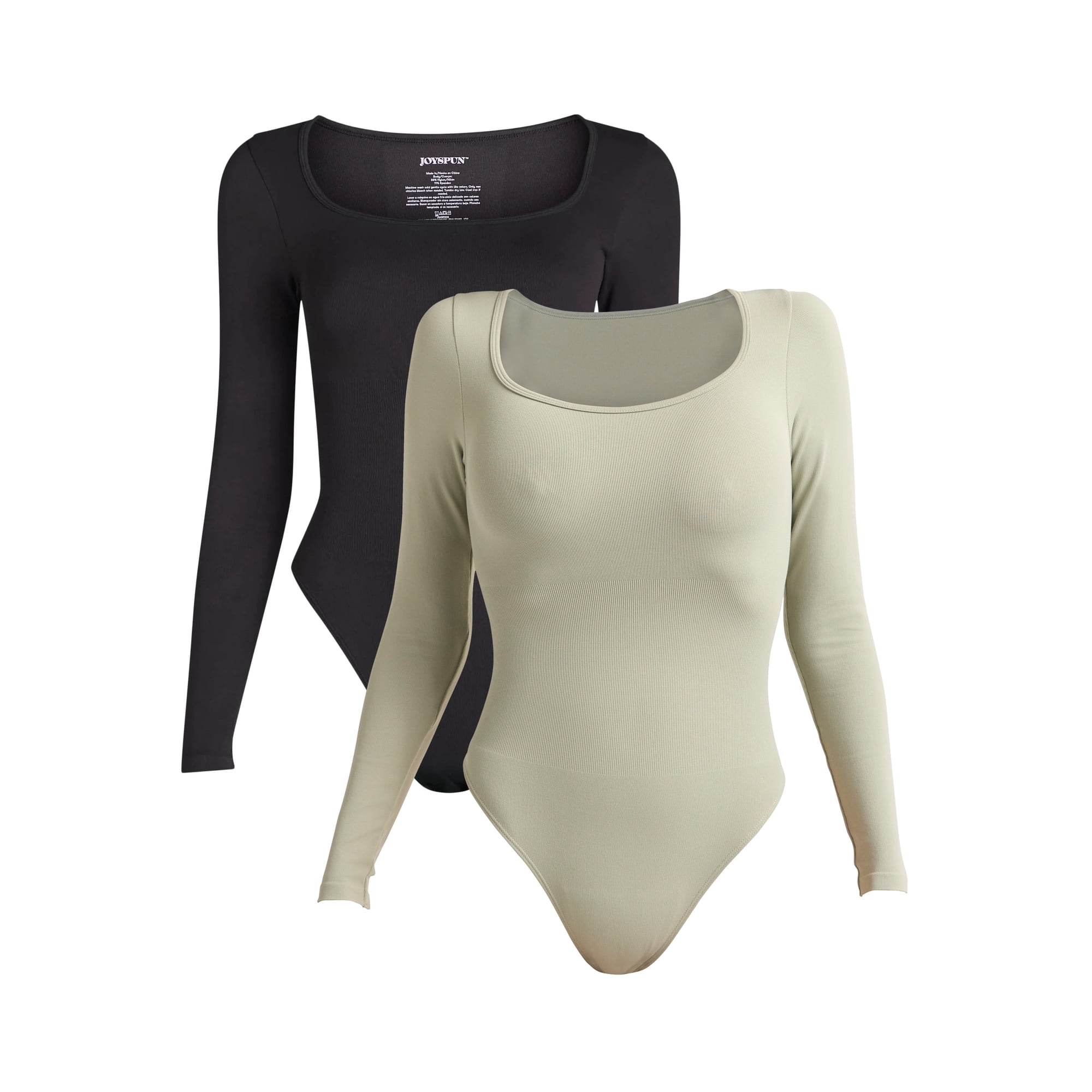 Joyspun Women's Seamless Slimming Square Neck Bodysuit with Long-Sleeves, 2-Pack, Sizes S-XXXL