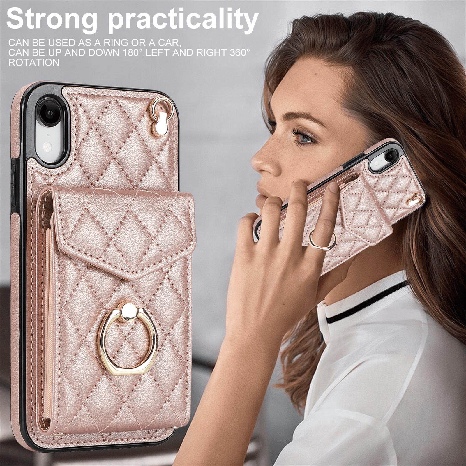 Asuwish Wallet RFID Blocking PU Leather Cell Phone Case with Tempered Glass Screen Protector, Wrist Strap for iPhone XR, Rose Gold