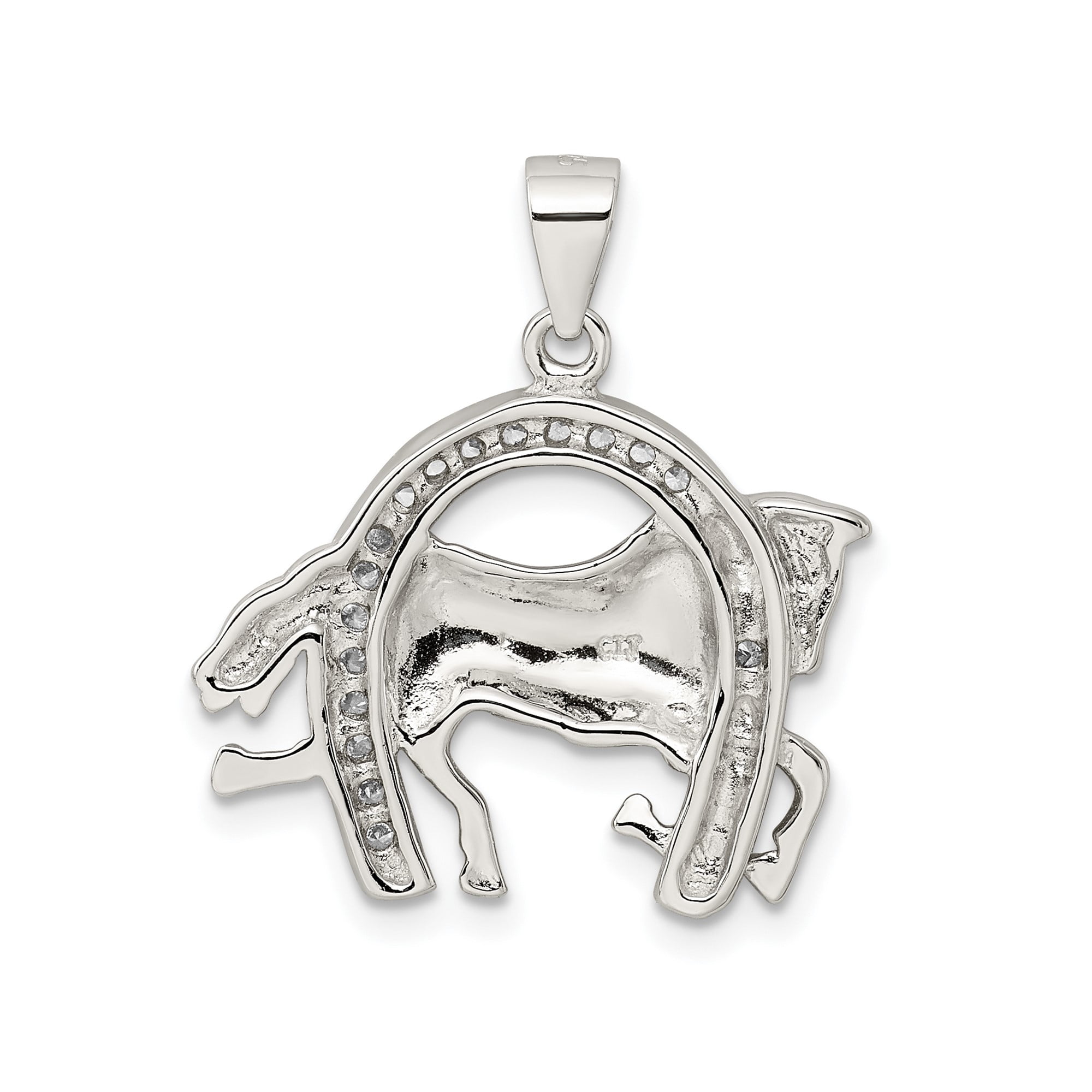 925 Sterling Silver Prancing Horse Pendant Charm with Cubic Zirconia Horseshoe