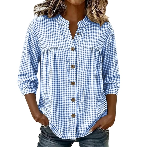 IPYUI Cotton Gauze Shirts for Women Stand Collar Gingham Blouse Plaid Striped Tops Empire Waist Tops Lightweight Tunic Loose Elbow Sleeve Gauze Shirts Boho Pullover V Neck Loose Fit Summer Outfits