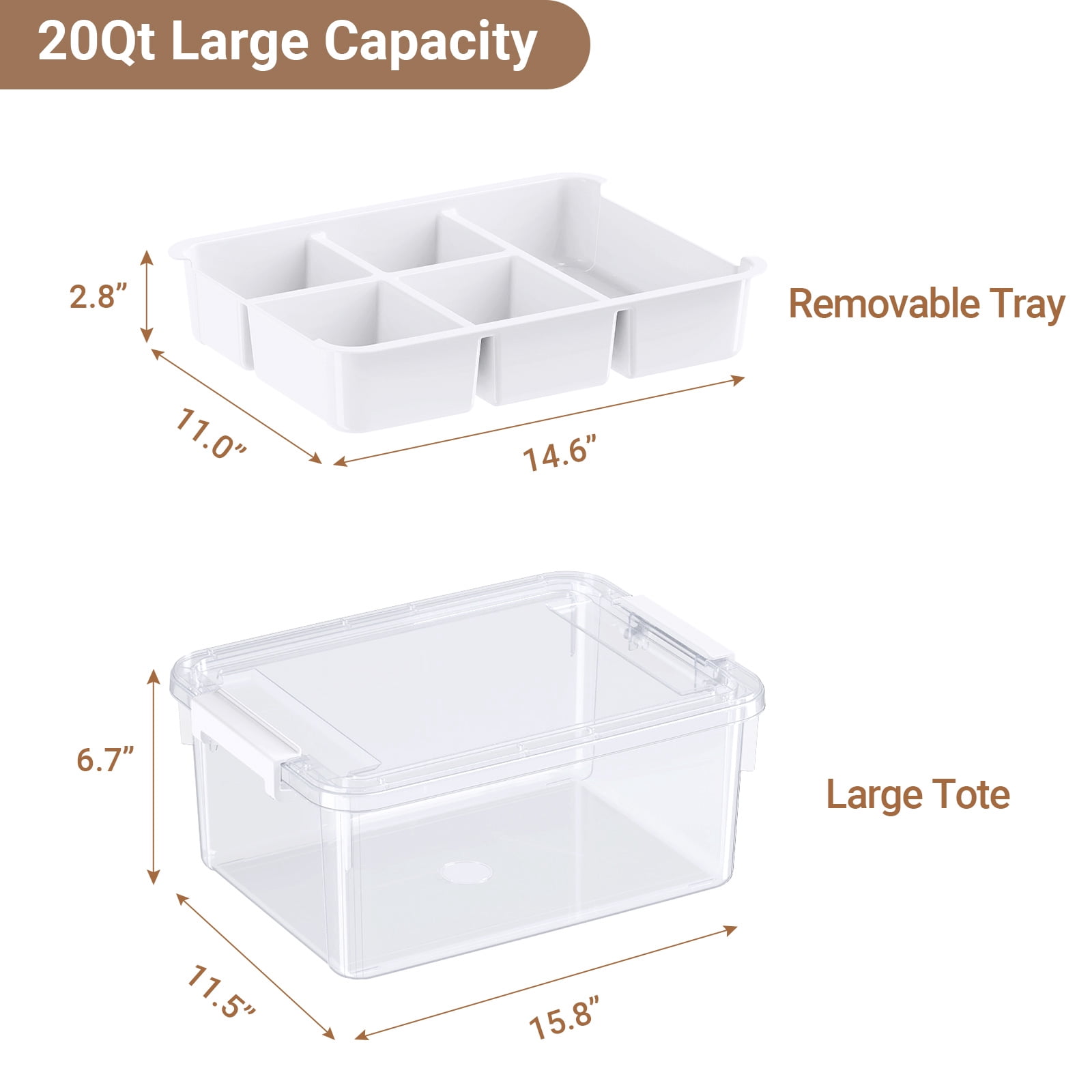 HOMETUK 20Qt Stackable Storage Bin with Lid & Tray, Clear Plastic Latching Box Organizer with Divider Portable 5Gal Container for Arts & Crafts, Home and Car Trunk Organization, 1Pack