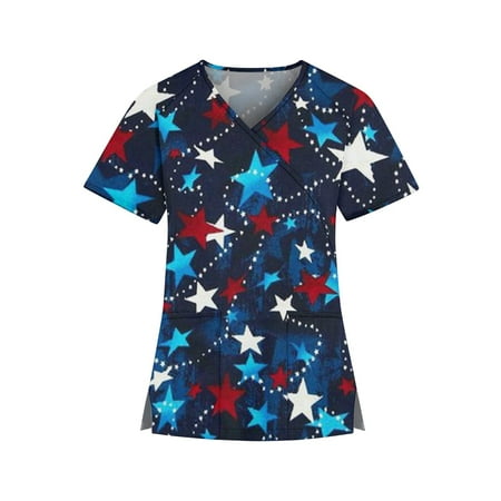 

HIMIWAY Summer Hot Shirts for Women Women s Fashion V-neck Print Short Sleeve Workwear With Pocket Top