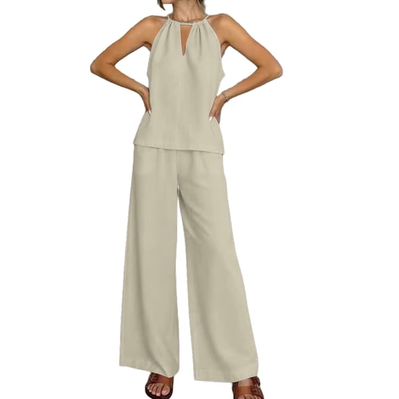 fheaev Cotton Linen Set for Women Summer V-Neck Loose V-Neck Sleeveless Shirt Wide Leg Pants Set Spring Clothes Travel Outfits