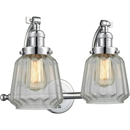 

Polished Chrome Tone Bathroom Vanity 18 Wide Clear Glass Steel/Cast Brass Medium Base LED 2 Light Fixture