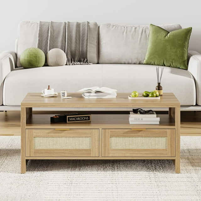 Rattan Coffee Table with 2 Drawers, Boho Modern Storage Coffee Table for Living Room