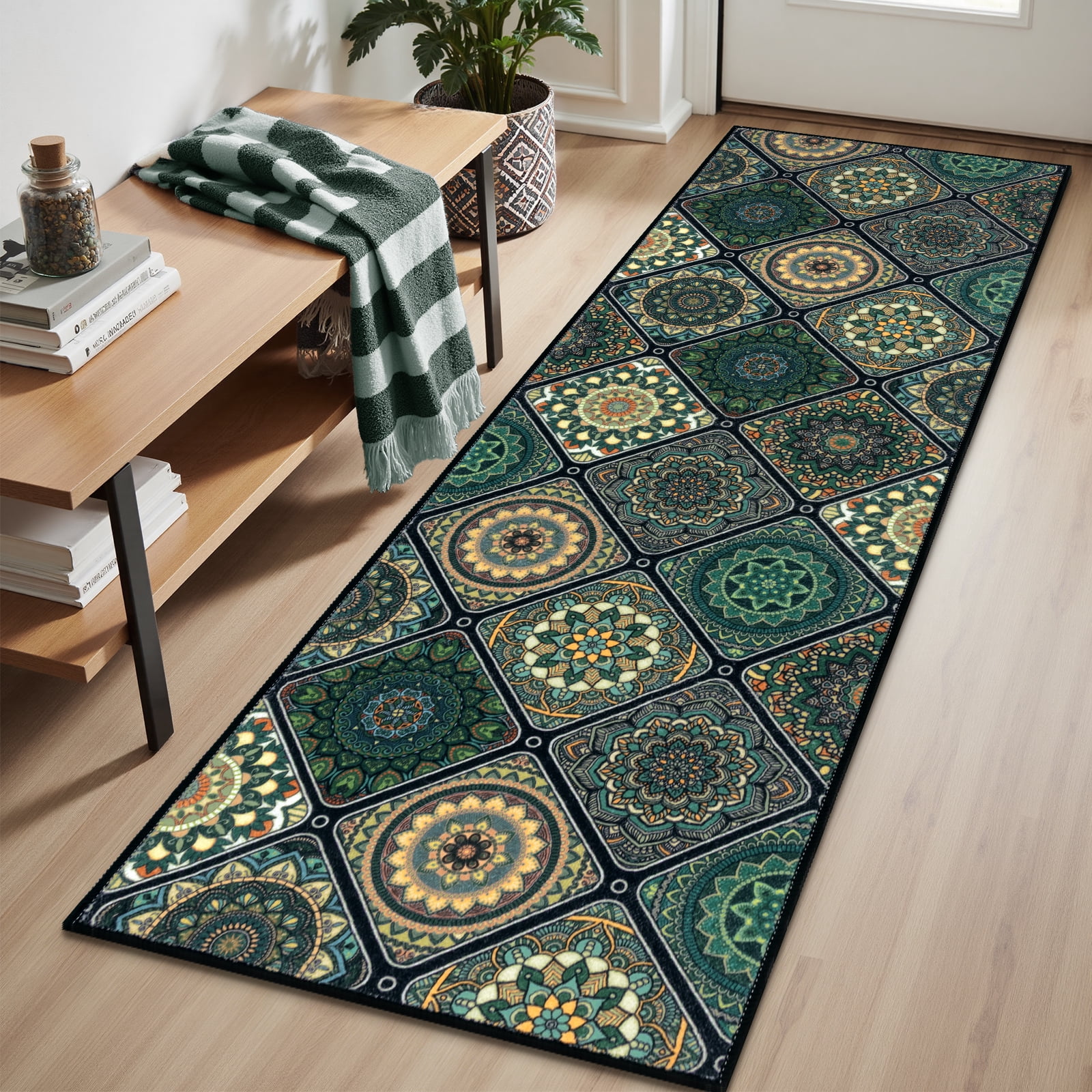 Findosom 2pc Boho Kitchen Rugs and Mats Set, Non Slip Washable Kitchen Runner Rug for Kitchen Floor, Farmhouse Kitchen Decor, Hallway, Entryway, Laundry Room,20"x32"+20"x47" Green