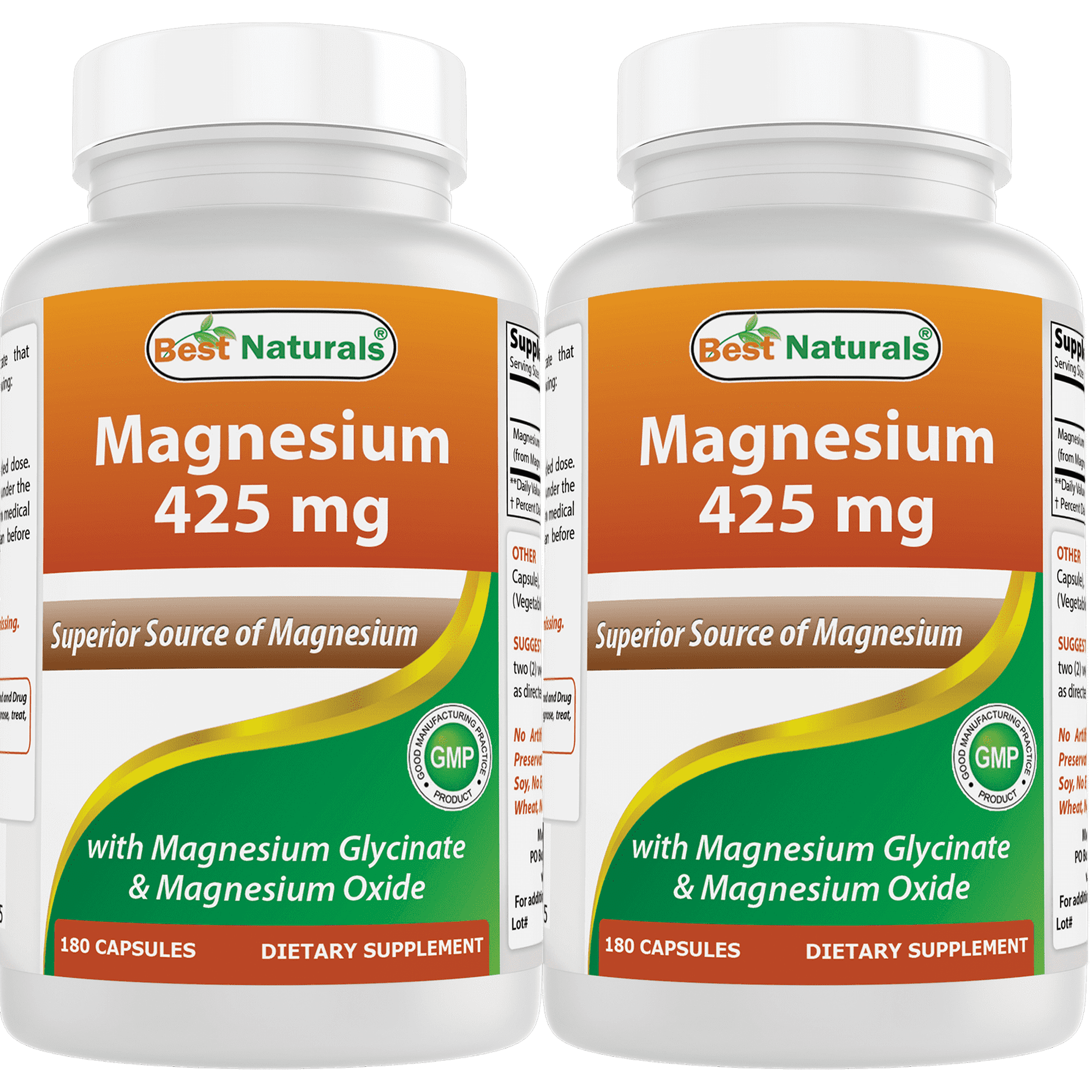 2 Pack Best Naturals Magnesium Glycinate 425 mg 180 Vegetarian Capsules | High Absorption Magnesium Glycinate & Magnesium Oxide Chelated, Non-GMO, Gluten Free Muscle Relax