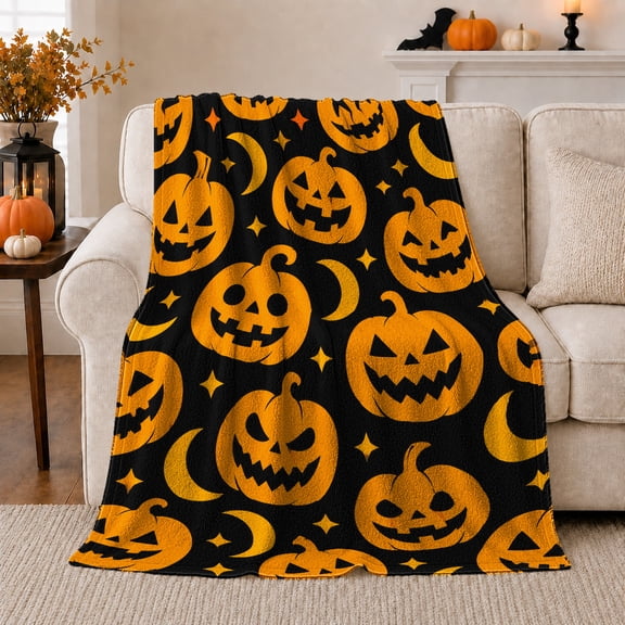 Jack O Lantern Moon Pattern in Whimsical Halloween Style for Halloween Fans, Orange Pumpkin Black Scene, Cozy Flannel Blanket for Bedroom and Living Room, Halloween Gift, Pumpkin Home Decor