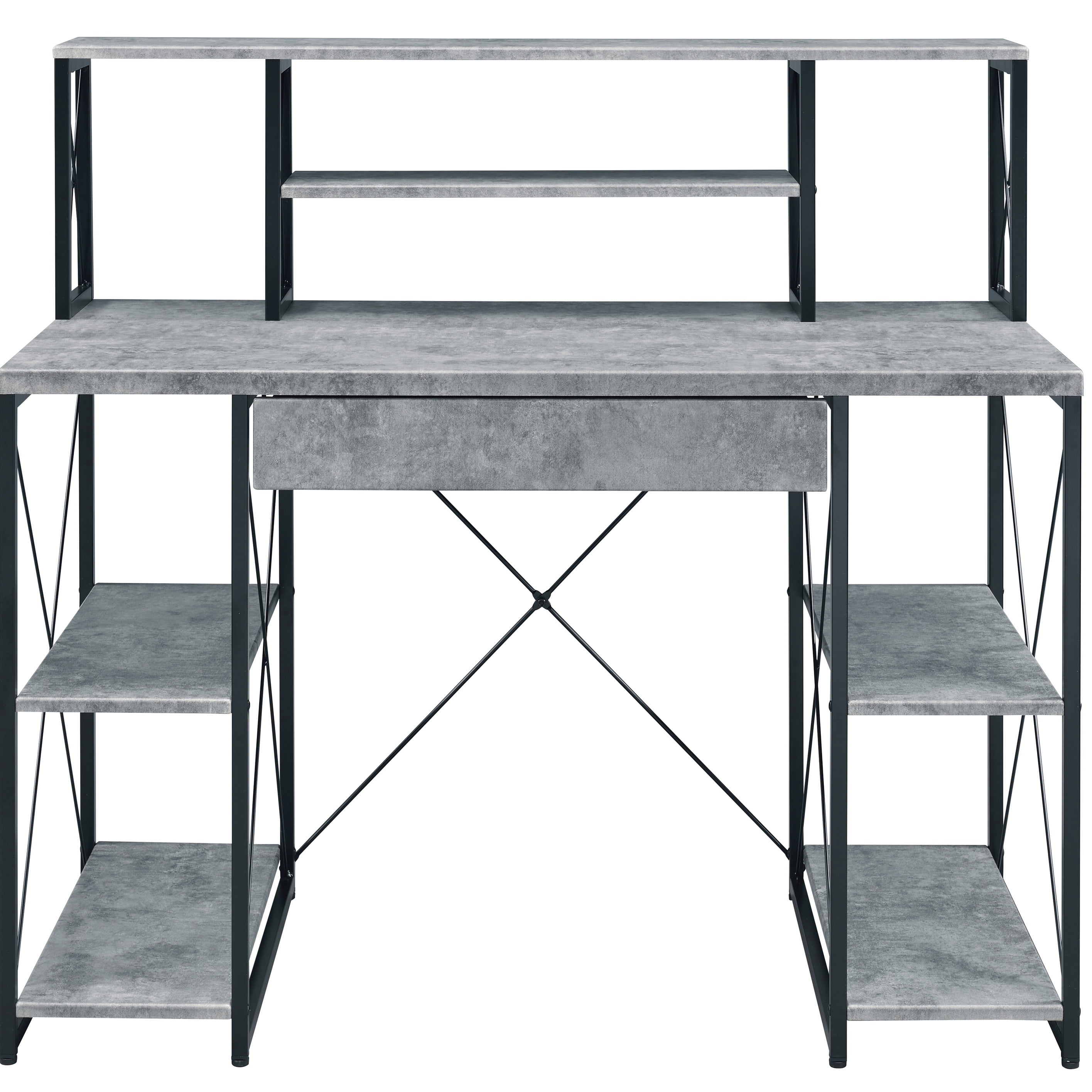 Astoutdoor Grey and Black Office Desk with Open Shelves and Hutch
