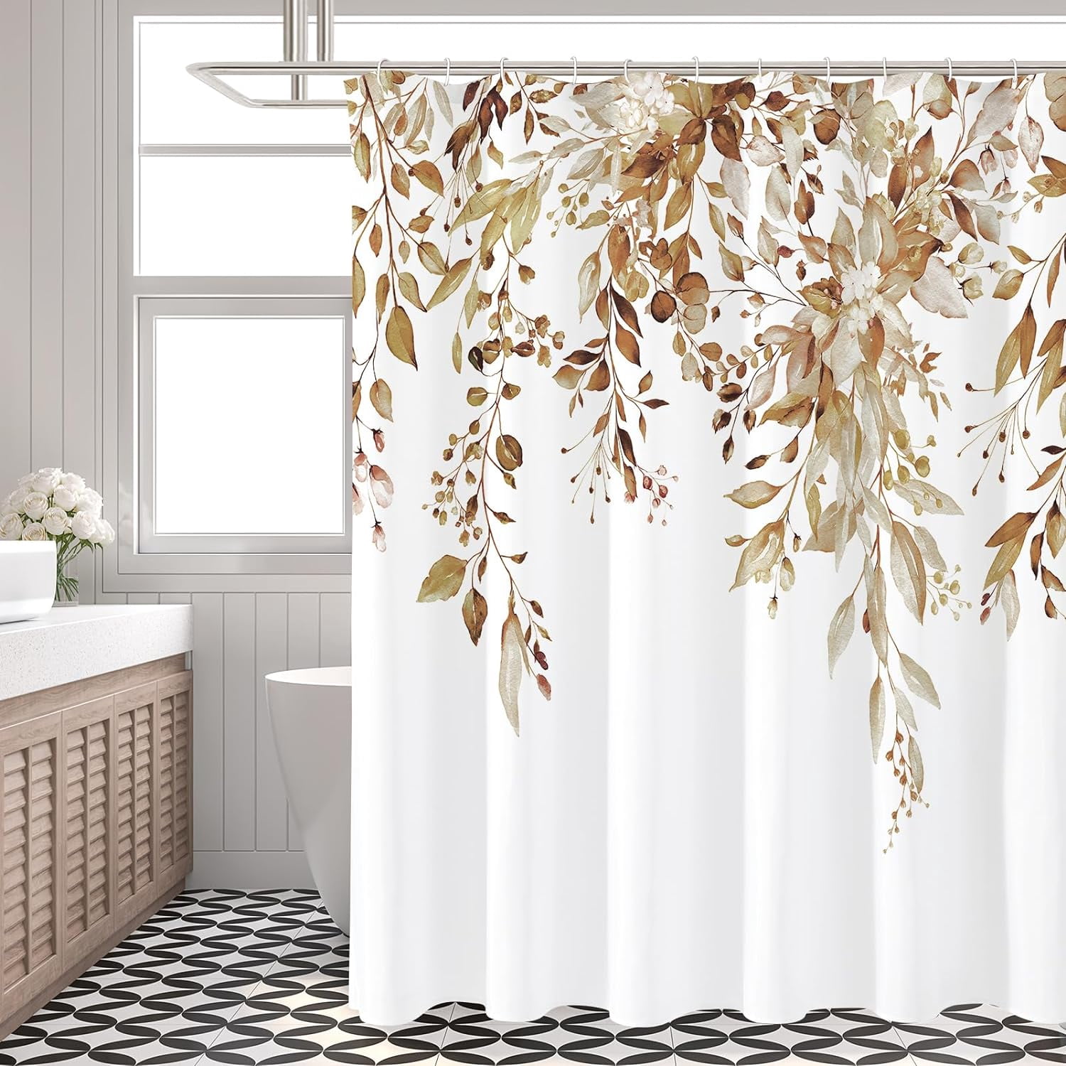 Extra Long Shower Curtain 72 x 84, Brown Floral Shower Curtain for Bathroom, Watercolor Plant Eucalyptus Leaves Fabric Shower Curtain Set with Hooks
