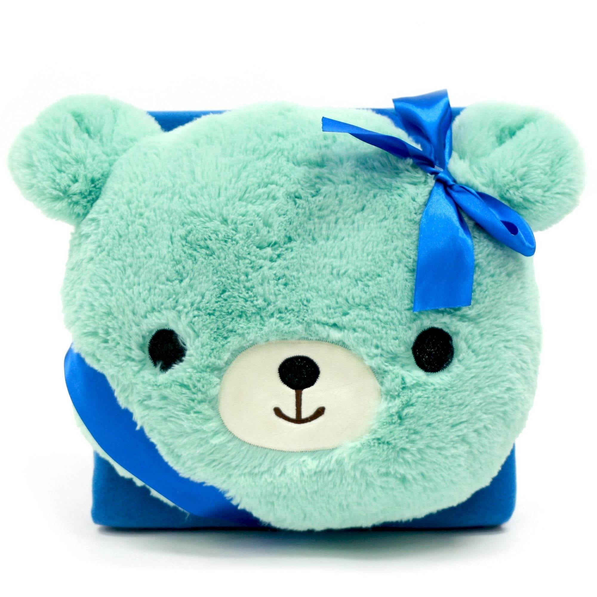 Holiday Time 12" by 12" Teal Teddy Pillow And Throw Blanket Gift Set