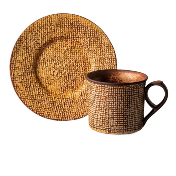 Vintage Linen Textured Ceramic Coffee Cup and Saucer Mug for Afternoon Tea Latte Cappuccino Cocoa Milk