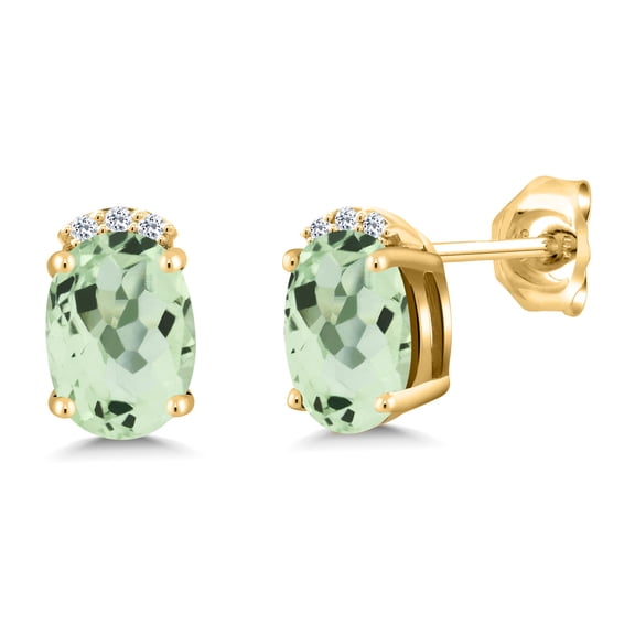 Gem Stone King 18K Yellow Gold Plated Silver Green Prasiolite and White Topaz Stud Earrings for Women (1.57 Cttw, Gemstone Birthstone, Oval 7X5MM)