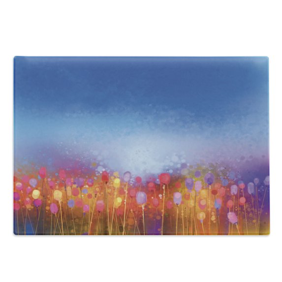 Flower Cutting Board, Abstract Tulip Garden Under Blue Sky in Medieval Ottoman Orient Culture, Decorative Tempered Glass Cutting and Serving Board, Large Size, Multicolor, by Ambesonne