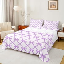 Manfei Princess Dreamy Bow Queen Sheet Sets for Kid, Purple Bow-tie Flat Sheet, Kawaii Cartoon Bow Queen Fitted Sheet, Luxury Bedroom Decor, 4 Pieces