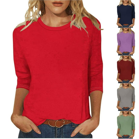 BiZtdJrK Plus Size 3/4 Sleeve Tops for Women Crew Neck Solid Dressy Casual Tunic Tops Loose Fit Business Work T Shirts Red L
