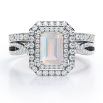 JeenMata 1.5 carat Emerald Cut Real Moonstone and Moissanite - Infinity Duo Halo - Art Deco Filigree Wedding Ring Set - 18K White Gold Plating over Silver