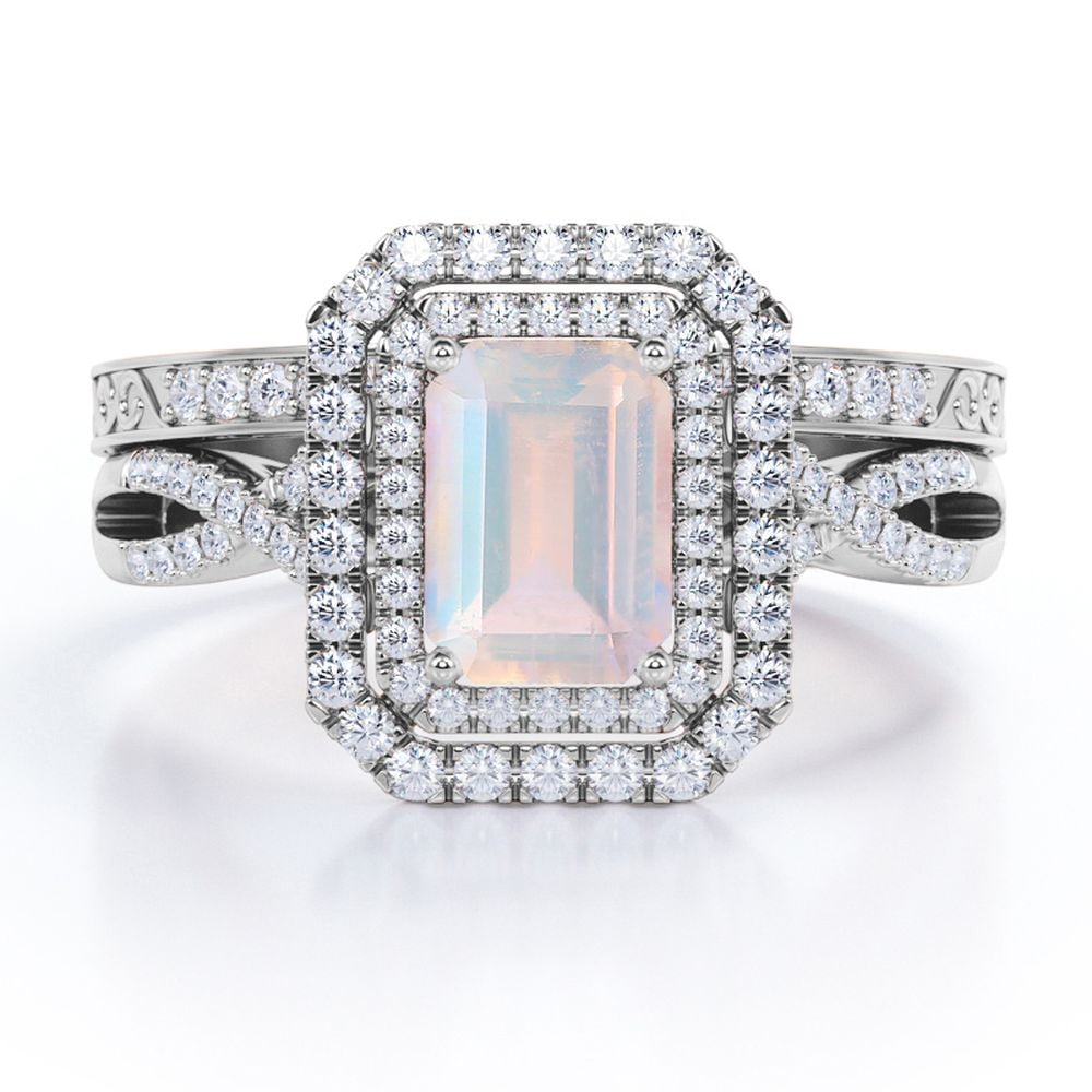 JeenMata 1.5 carat Emerald Cut Real Moonstone and Moissanite - Infinity Duo Halo - Art Deco Filigree Wedding Ring Set - 18K White Gold Plating over Silver