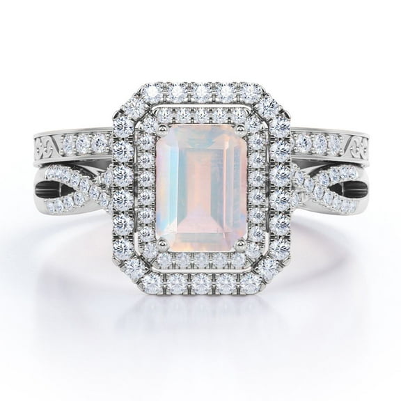 JeenMata 1.5 carat Emerald Cut Real Moonstone and Moissanite - Infinity Duo Halo - Art Deco Filigree Wedding Ring Set - 18K White Gold Plating over Silver