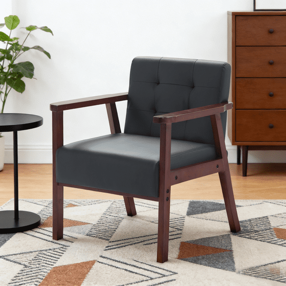 Gewnee Black PU Wood Frame Accent Armchair, Sturdy Cedar Legs, High-Density Foam Seat, Non-Slip Pads, Easy Assembly, for Living Room Bedroom Office