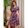 thumbnail image 2 of Chiclily Womens Summer Floral Boho Dress Casual Short Sleeve V-Neck Swing Midi Dress, Blue Colored Flower 2XL, 2 of 6