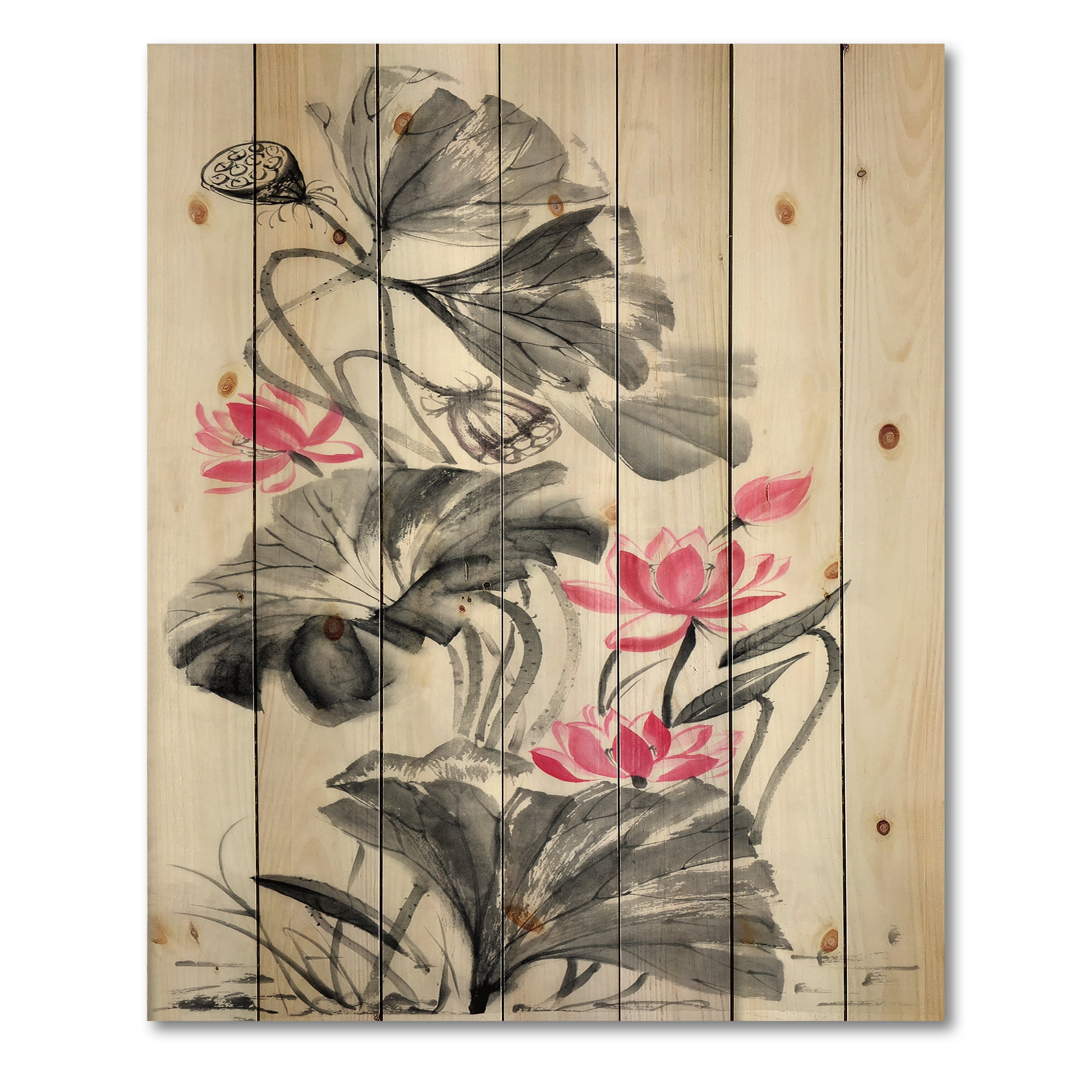 Designart 'Pink Vintage Lotus Flower and Monochrome Leaves' Traditional Print on Natural Pine Wood